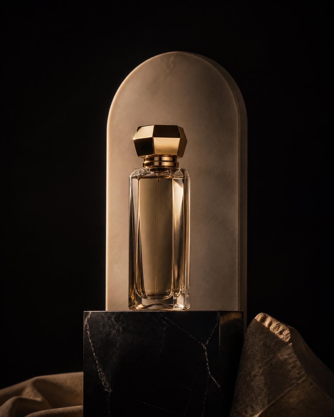 Faceted glass perfume flacon with a gold cap lit on a black stone plinth